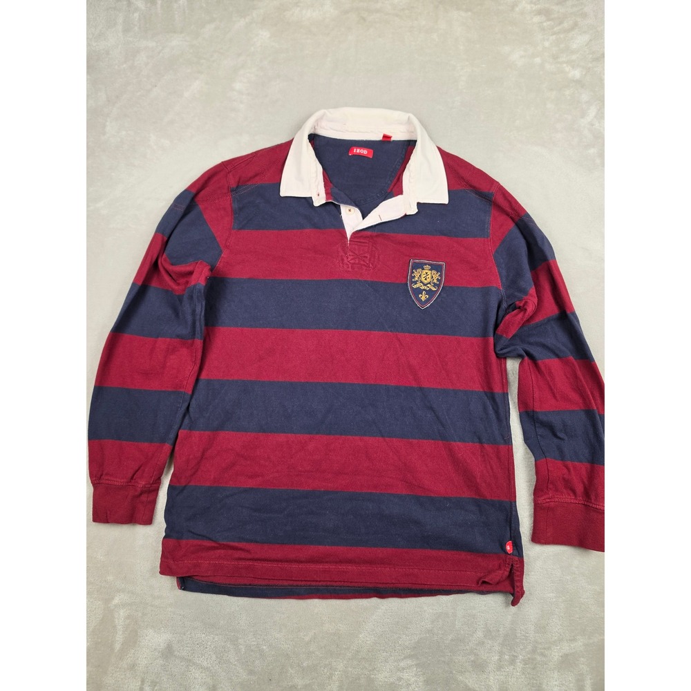 IZOD Rugby Shirt Mens Large Blue Red Striped Long Sleeve Crest Logo Y2K